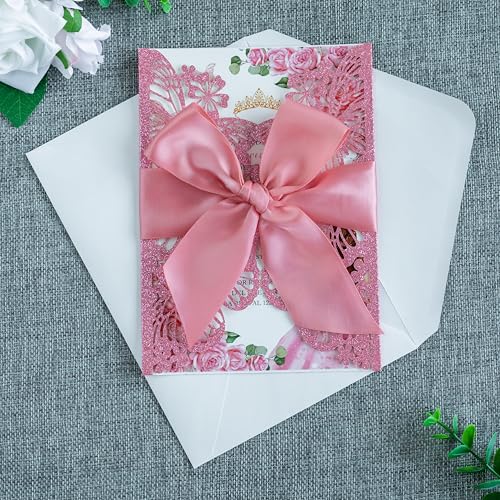 20 PCS Butterfly Quinceanera Invitation, Laser Cut Invitation Cards | 5.12x7.2" Pink Glitter Butterfly Quinceanera Invitation with Envelopes for XV Anos Bridal Shower Baby Shower Invite - color: Pink Glitter