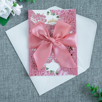 20 PCS Butterfly Quinceanera Invitation, Laser Cut Invitation Cards | 5.12x7.2" Pink Glitter Butterfly Quinceanera Invitation with Envelopes for XV Anos Bridal Shower Baby Shower Invite - color: Pink Glitter