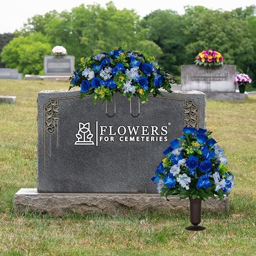 Sympathy Silks Artificial Cemetery Flowers - Gravesite Flowers - Blue Roses and Hydrangeas - (1) Headstone Flower Saddle & (1) Matching Bouquet - size: (1) Saddle (1) Bouquet