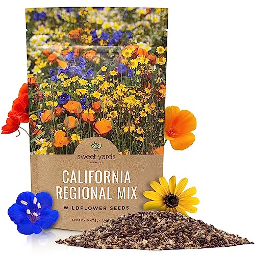 California Wildflower Mixture - Bulk 1/4 Pound Bag - Over 30,000 Native Seeds - Open Pollinated and Non GMO - size: 4 Ounce (Pack of 1), style: California Regional Mix