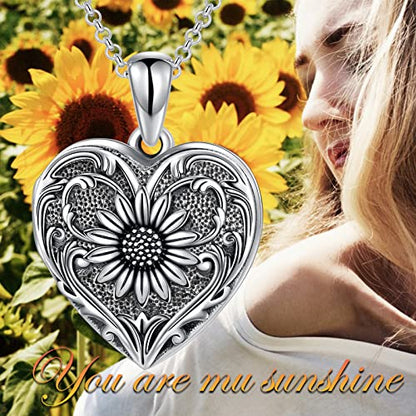 SOULMEET Personalized Silver Locket Necklace That Holds Pictures Photo Keep Someone Near to You, Memorial Custom Lockets Necklaces Letters Engraving for His Her - color: A3-Sunflower-Black, style: Locket Necklace Only