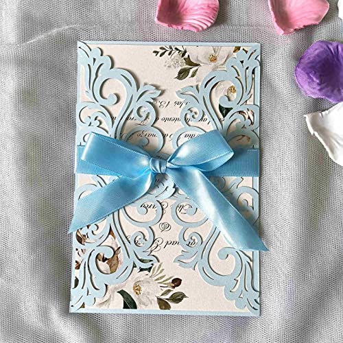 25PCS Light Blue Laser Cut Wedding Invitations Cards with Envelopes,Blank Inner Sheets,Ribbons for Wedding Bridal Shower Quinceanera Engagement Birthday Invites matte light blue B001 - color: matte light blue
