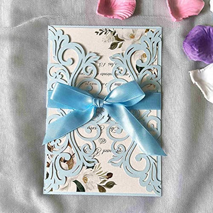 25PCS Light Blue Laser Cut Wedding Invitations Cards with Envelopes,Blank Inner Sheets,Ribbons for Wedding Bridal Shower Quinceanera Engagement Birthday Invites matte light blue B001 - color: matte light blue
