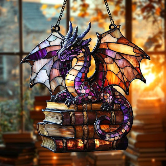 Book Dragon Acrylic Suncatcher Size 5 inches, Bookish Stained Glass Effect Window Hanging Ornament, Garden Decor, Gift for Book Lover Reader Bookworm - color: Book-dragon-2, size: 5"