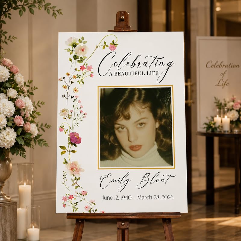 Custom Celebration of Life Memorial Sign with Photo and Wildflowers | Wildflower celebration of life sign personalized with photo, name, and dates for a graceful funeral display. - color: Design 6