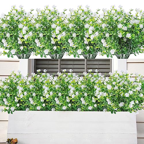 AmyHomie 20 PCS Artificial Flowers for Outdoors, UV Resistant Fake Plants | Garden, Patio, Porch, Window Box, Hanging Flowers Planters; No Fade, Long Lasting, Maintenance Free Indoor DIY Decor - color: White-eucalyptus, size: 20