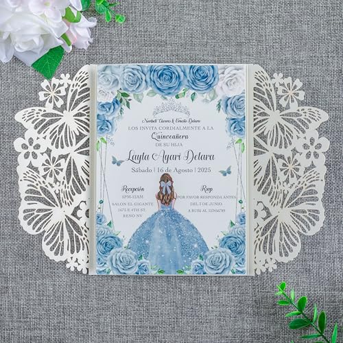 20 PCS 5.12x7.2 Butterfly Personalized Quinceanera Invitation, Customized XV Anos Laser Cut Invitation Cards with Envelopes (Silver Glitter Personalized) - color: 20 PCS Silver Glitter Personalized