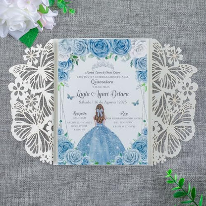 20 PCS 5.12x7.2 Butterfly Personalized Quinceanera Invitation, Customized XV Anos Laser Cut Invitation Cards with Envelopes (Silver Glitter Personalized) - color: 20 PCS Silver Glitter Personalized