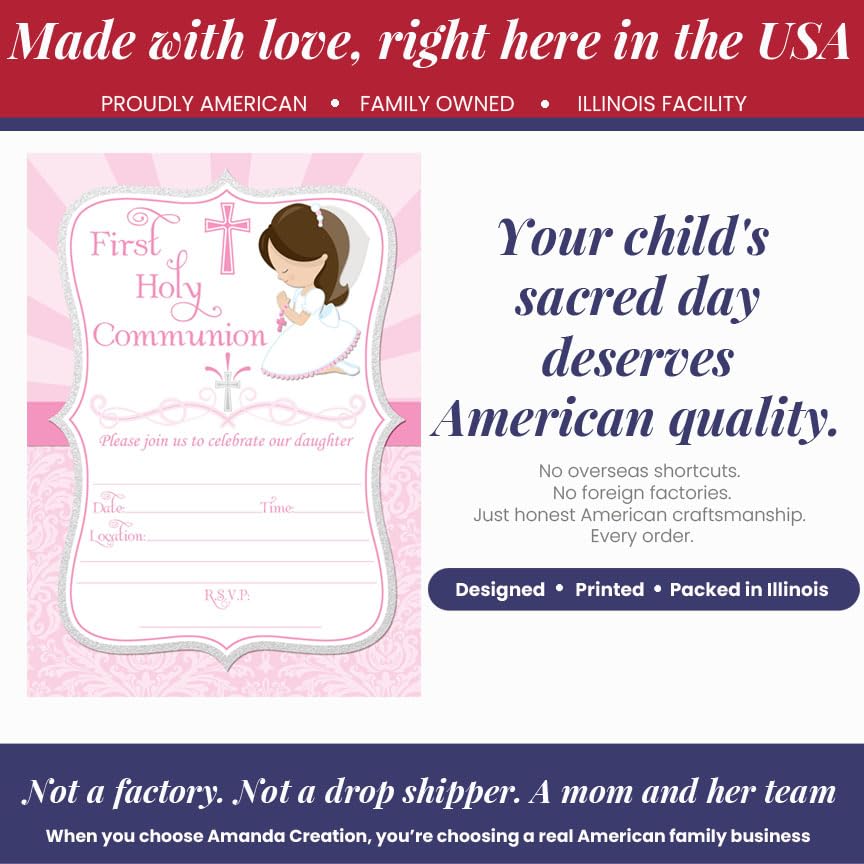 First Holy Communion Religious Party Invitations for Girls (Light Skin, Brown Hair), 20 5x7 Fill In Cards with Twenty White Envelopes by AmandaCreation - style: Light Skin, Brown Hair Girl