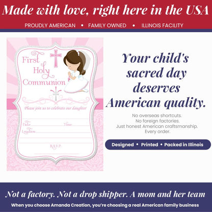 First Holy Communion Religious Party Invitations for Girls (Light Skin, Brown Hair), 20 5x7 Fill In Cards with Twenty White Envelopes by AmandaCreation - style: Light Skin, Brown Hair Girl