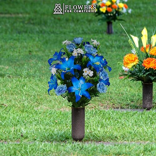 Sympathy Silks Artificial Cemetery Flowers - Gravesite Flowers - Blue Lily and Rose with White Daisies - color: Blue, size: Bouquet