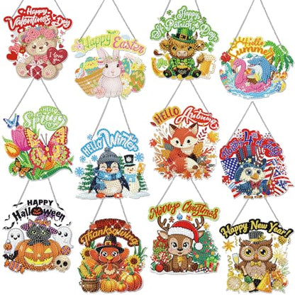 Cinnvoice Seasonal Diamond Art Hanging Kit,12 Pcs,Animal | 12 Pcs,Animal,Holiday Diamond Art Wreath,Month Diamond Hanging Sign, Festival Crystal Suncatcher, for Door Window Wall Decor - style: Animal