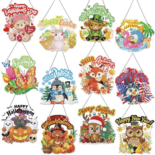 Cinnvoice Seasonal Diamond Art Hanging Kit,12 Pcs,Animal | 12 Pcs,Animal,Holiday Diamond Art Wreath,Month Diamond Hanging Sign, Festival Crystal Suncatcher, for Door Window Wall Decor - style: Animal