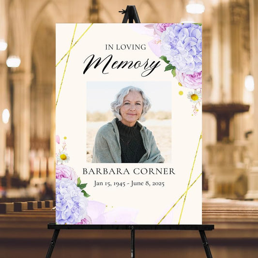Purple Floral Funeral Welcome Sign, Celebration Of Life Decoration, Memorial Decor, Funeral Decorations, Celebration of Life Sign With Photo, Custom Memorial Welcome Signs with Picture - color: Style #12