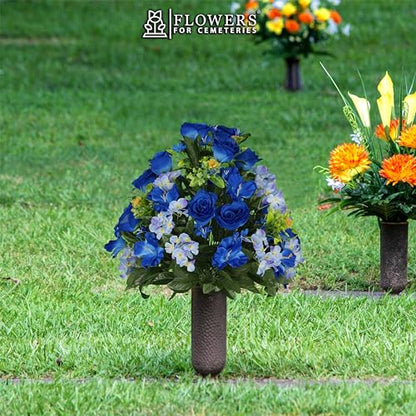 Sympathy Silks Artificial Cemetery Flowers - Gravesite Flowers - Blue Roses and Hydrangeas - size: Bouquet