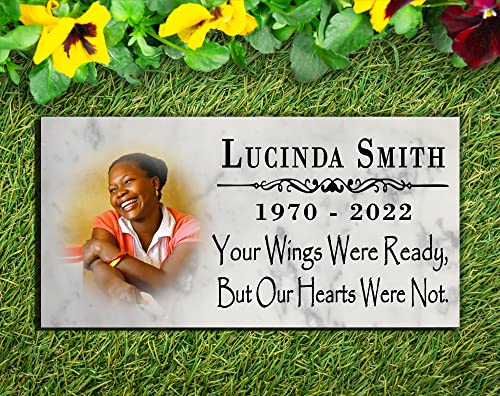 Memorial Stone With Picture - Loved One Loss Gift Custom Photo Marble Memory Plaque 12" x 6" (Your Wings Were Ready) - color: Your Wings Were Ready