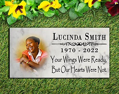 Memorial Stone With Picture - Loved One Loss Gift Custom Photo Marble Memory Plaque 12" x 6" (Your Wings Were Ready) - color: Your Wings Were Ready