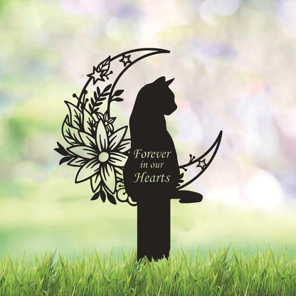 Cat Grave Marker Outdoor Memorial, 12in Metal Pet Memorial Plaque with Garden Moon Cat, Weatherproof Headstone for Yard or Indoor Tribute
