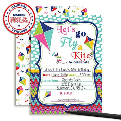 Amanda Creation Kite Flying Birthday Party Fill In Invitations set of 20 Cards and Envelopes. - style: Kite Flying