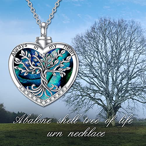 TOUPOP Tree of Life Urn Necklaces for Ashes 925 Sterling Silver Heart Cremation Jewelry Memorial Keepsake Jewelry with Funnel Filler for Women Men - color: A-Heart Tree of Life-Abalone Shell