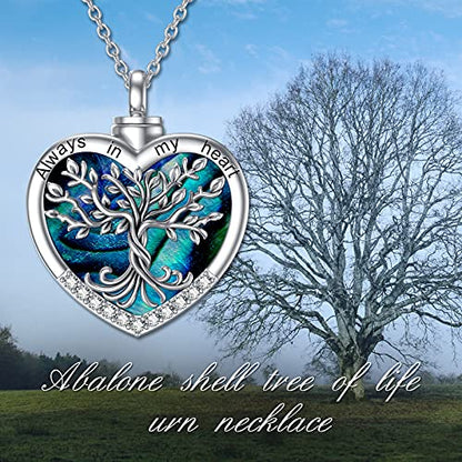 TOUPOP Tree of Life Urn Necklaces for Ashes 925 Sterling Silver Heart Cremation Jewelry Memorial Keepsake Jewelry with Funnel Filler for Women Men - color: A-Heart Tree of Life-Abalone Shell