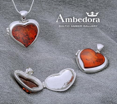 Women's Necklace, Medallion, Polished Sterling Silver with Protective Nanocoating, Amber Heart in Cognac Color, Silver Secret Pendant with Chain
