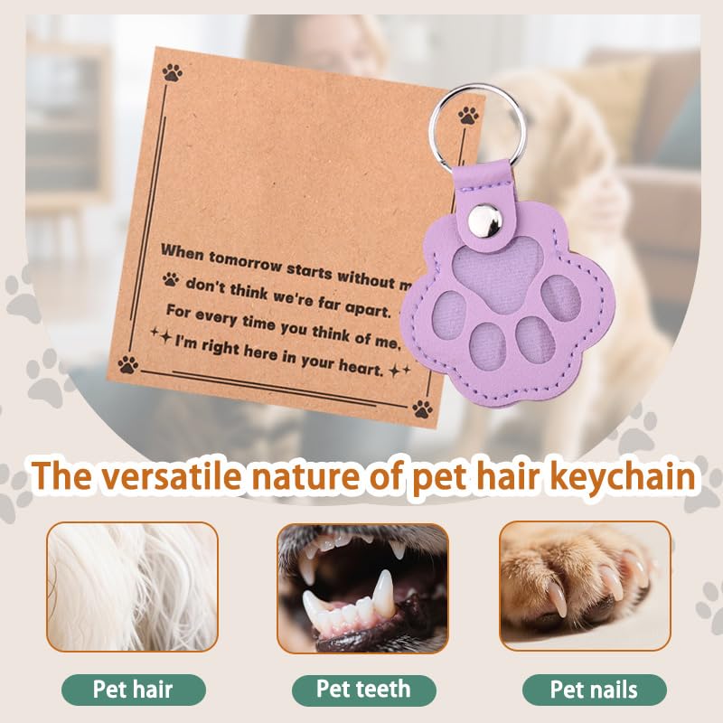 Leather Paw Print Keychain for Dog Cat Pet Hair Keepsake Keychain Sympathy Memorial Gift for Loss of Cat Dog Puppy - color: Purple