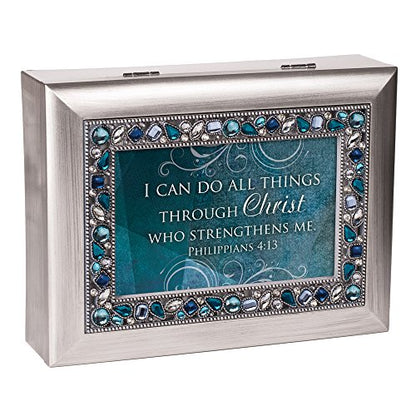Cottage Garden Can Do All Things Through Christ Brushed Silvertone Jewelry Music Box Plays Amazing Grace