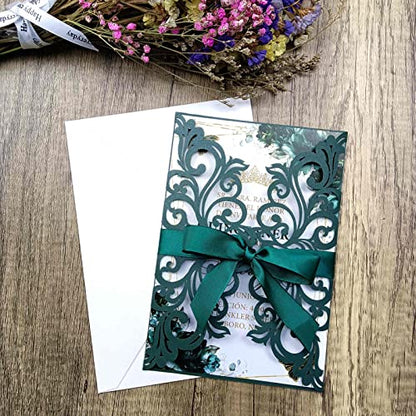 25PCS Laser Cut Wedding Invitations Cards with Envelopes,Blank Inner Sheets,Ribbons for Wedding Bridal Shower Quinceañera Engagement Birthday Invites (pearl emerald green) - color: pearl emerald green