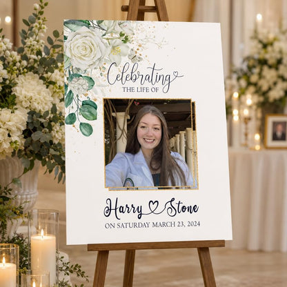 Custom Memorial Welcome Sign with Photo, Greenery and White Roses - color: Design 8