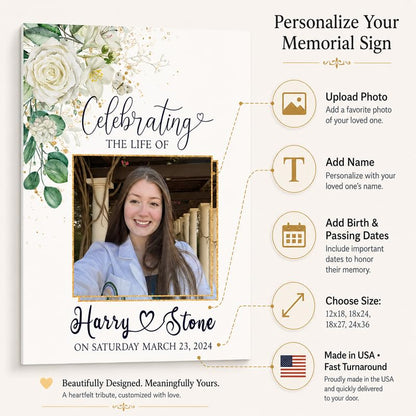 Custom Memorial Welcome Sign with Photo, Greenery and White Roses - color: Design 8