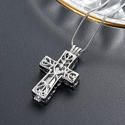 Crystal Cross Necklace for Ashes Stainless Steel Keepsake Cremation Jewelry Religious Cross Memorial Urn Necklace for Pet Human Ashes Gifts - color: Silver-2