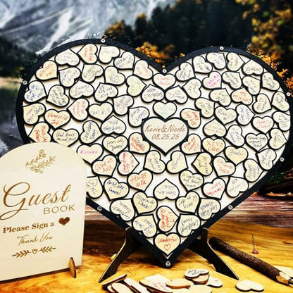 Wedding Guest Book Unique Wooden Heart Alternative GuestBook Bridal Shower Wedding Decoration with 83 Wooden Hearts 1 Sign Pen Set (Black) - color: Black