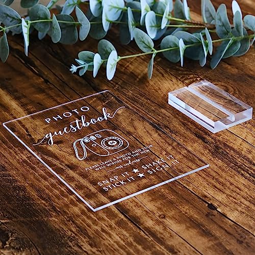 Acrylic Photo Guestbook Signs with Stand- 5x 7 Inch Glass Look Clear Acrylic Wedding Reception Sign Modern Font Sign with Holder for Wedding Reception & Party Event - size: 5" x 7" Photo Guest Book Sign