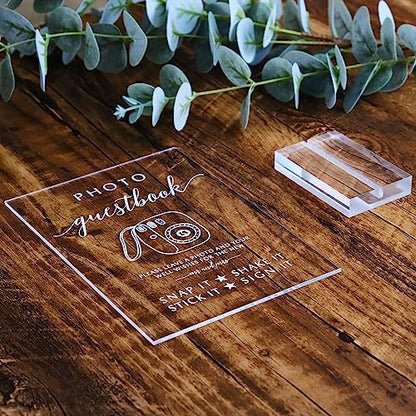 Acrylic Photo Guestbook Signs with Stand- 5x 7 Inch Glass Look Clear Acrylic Wedding Reception Sign Modern Font Sign with Holder for Wedding Reception & Party Event - size: 5" x 7" Photo Guest Book Sign