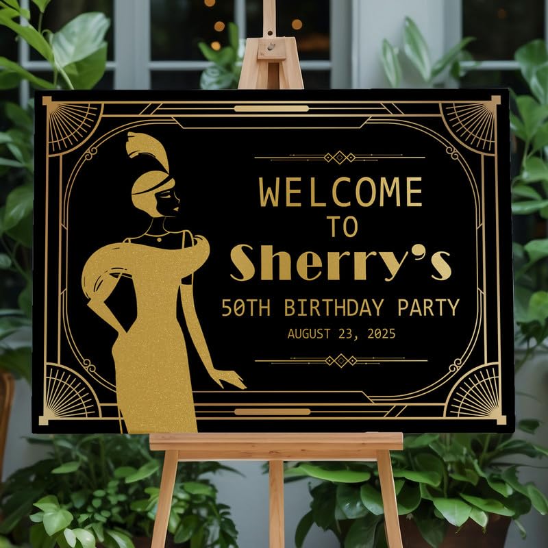 Roaring 20's Birthday Party Welcome Sign with Flapper Girls, 1920s Art Deco Custom 55th Birthday Party Sign, Welcome to Harlem Nights Signs, Great Gatsby 50thBirthday Decorations - color: Design 8