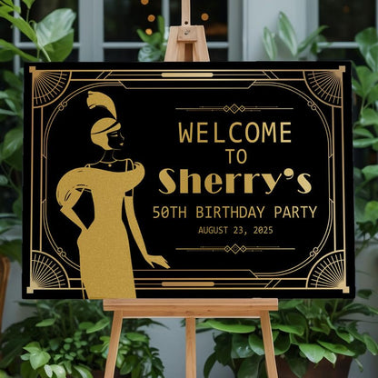 Roaring 20's Birthday Party Welcome Sign with Flapper Girls, 1920s Art Deco Custom 55th Birthday Party Sign, Welcome to Harlem Nights Signs, Great Gatsby 50thBirthday Decorations - color: Design 8
