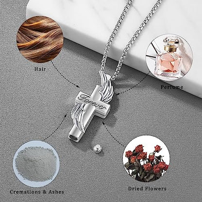 Aniu S925 Sterling Silver Urn Necklace Cremation Jewelry for Ashes - color: Cross Angel Wing-B