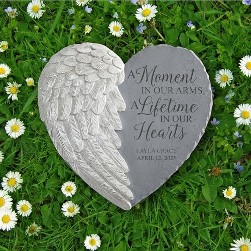 Let's Make Memories Personalized Memorial Garden Stone - Sympathy - Loss of Loved One - Condolences - Indoor/Outdoor - Durable Resin - 3D Iridescent Wing - A Moment in Time - style: A Moment In Our Arms