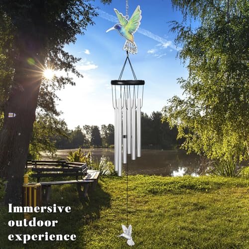 Outdoors Hummingbird Wind Chimes Sympathy Memorial for Loss of Loved One - Soothing Melodic Tones Aluminum Chime Great as a Gift for Your Patio Porch Garden and Backyard (Silvery, Hummingbird) - size: 24.1" Silvery Hummingbird