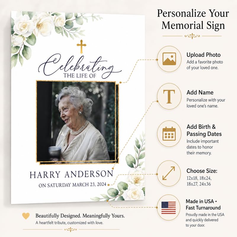Personalized Funeral Welcome Sign with Photo, White Rose and Cross - color: Design 7