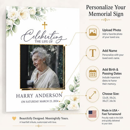 Personalized Funeral Welcome Sign with Photo, White Rose and Cross - color: Design 7