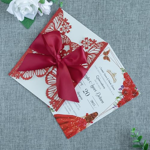 20 PCS Butterfly Quinceanera Invitation, Laser Cut Invitation Cards | 5.12x7.2" Red Glitter Butterfly Quinceanera Invitation with Envelopes for XV Anos Bridal Shower Baby Shower Invite - color: Red Glitter