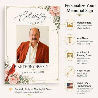 Custom Celebration of Life Sign with Photo, Floral Cardinal Design - color: Design 4