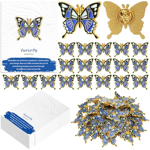 60 Sets Funeral Favors for Guests Butterfly Enamel Lapel Pins with Prayer Poem Memorial Cards Celebration of Life Gifts - color: Blue, style: Classic