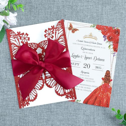 20 PCS Butterfly Quinceanera Invitation, Laser Cut Invitation Cards | 5.12x7.2" Red Glitter Butterfly Quinceanera Invitation with Envelopes for XV Anos Bridal Shower Baby Shower Invite - color: Red Glitter