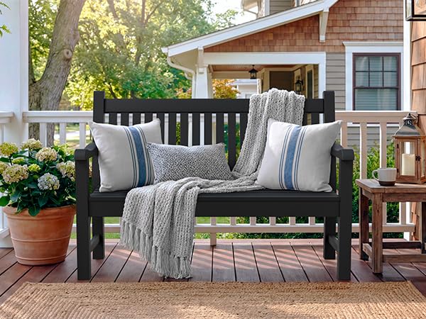 2-Person Outdoor Bench with 700 Lbs Weight Capacity, Black | Poly Lumber Weatherproof Garden Bench Seating for Porch, Balcony and Park, All-Weather Patio Bench Furniture - color: Black