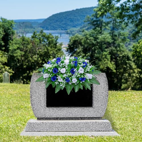 LVXINLI Artificial Cemetery Flowers Saddle-Shaped Tombstone Decorations Non-Fading UV-Resistant（Blue+White Saddle ） - color: Blue+white Saddle