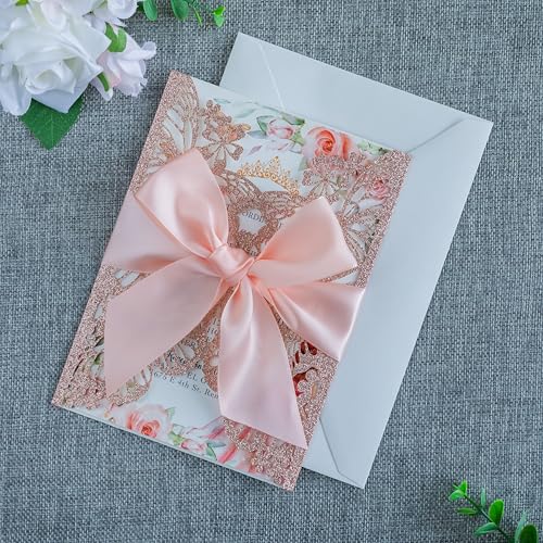 20 PCS Butterfly Quinceanera Invitation, Laser Cut Invitation Cards | 5.12x7.2" Rose Gold Glitter Butterfly Quinceanera Invitation with Envelopes for XV Anos Bridal Shower Baby Shower Invite - color: Rose Gold Glitter