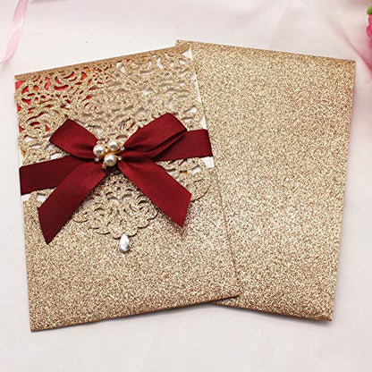 25Pcs Gold Glitter Laser Cut Invitations with RSVP Cards and Envelopes - color: Glitter Gold